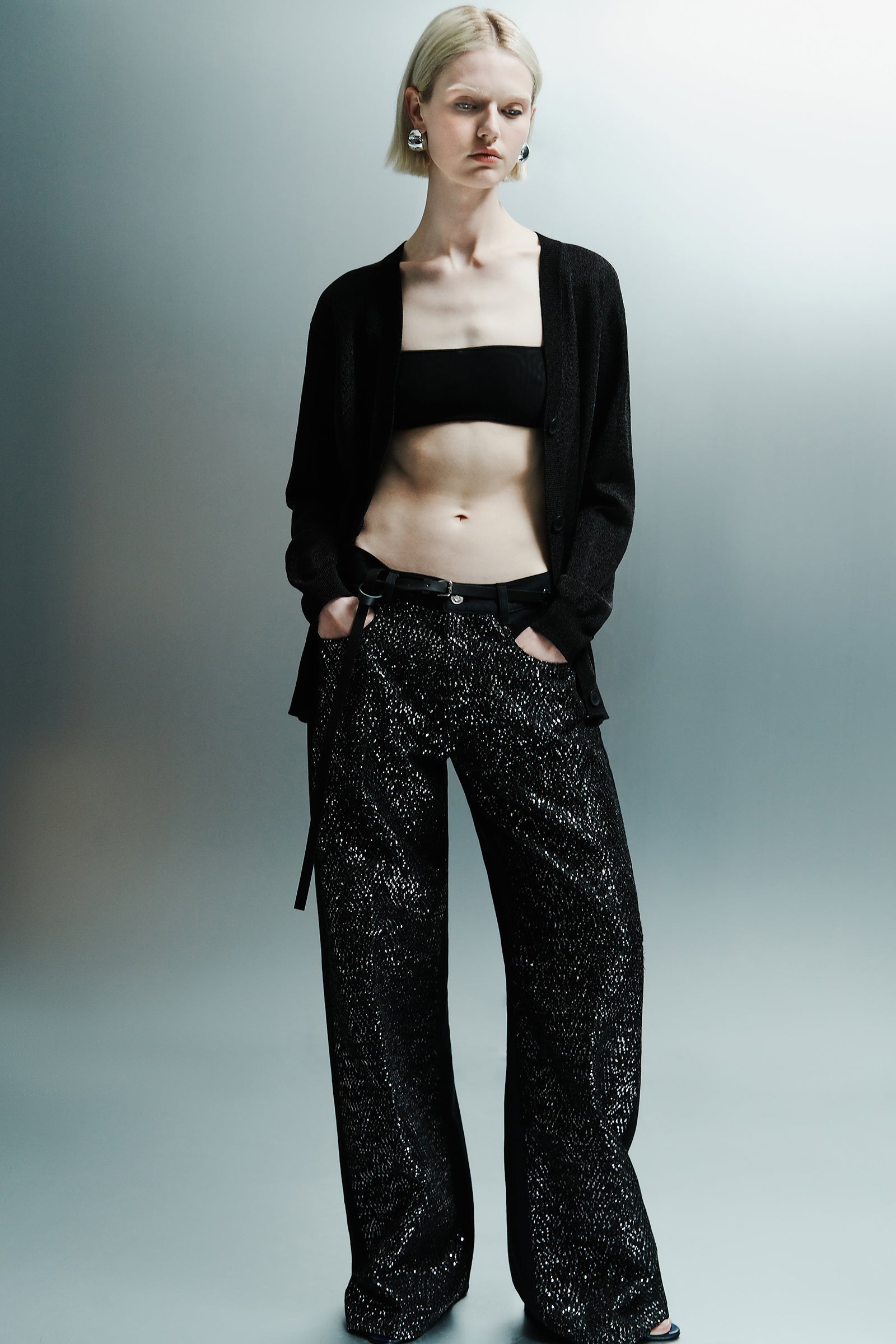 FIVE POCKET SEQUIN JERSEY JEANS