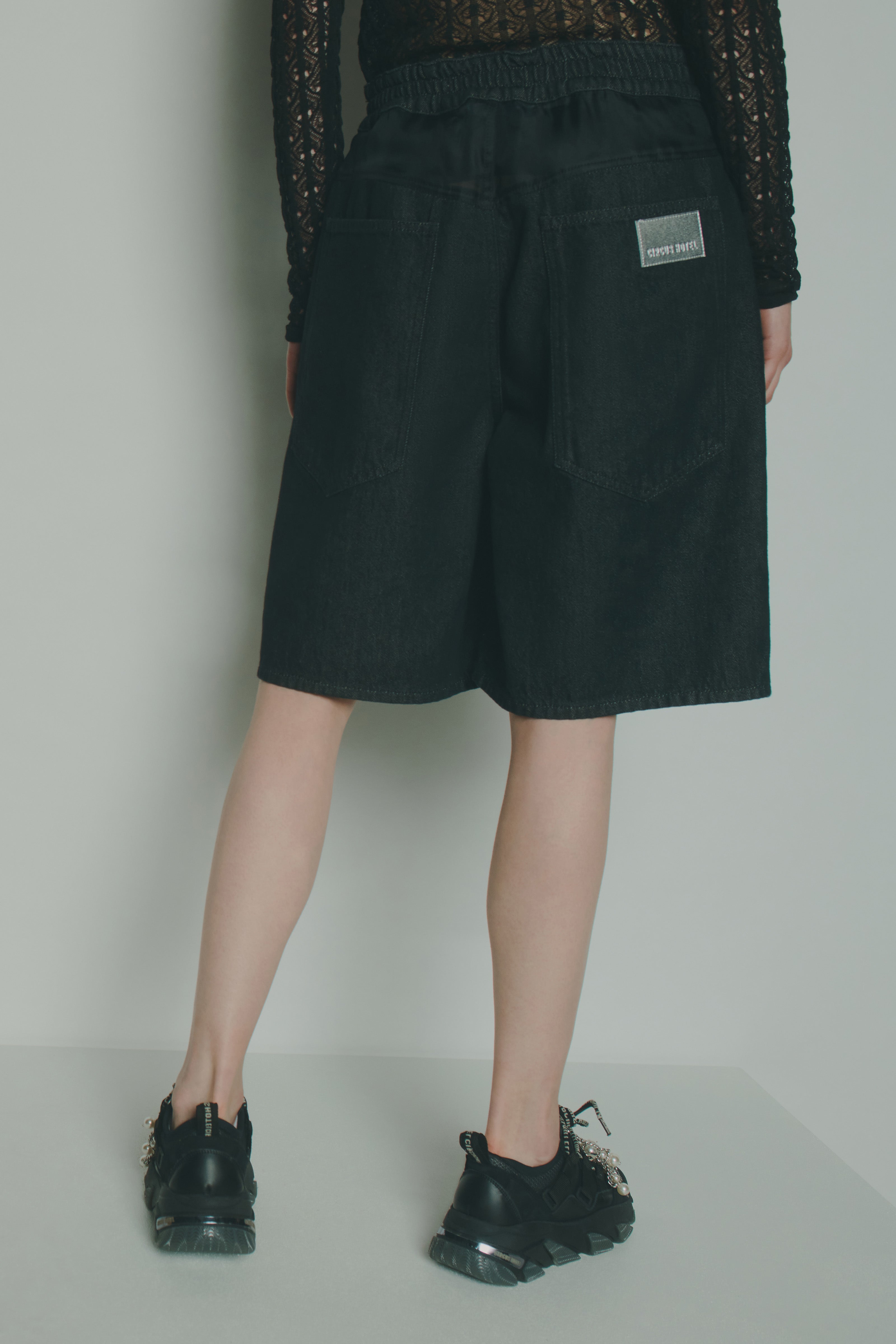 DENIM ORGANZA STRASS BERMUDA SHORTS