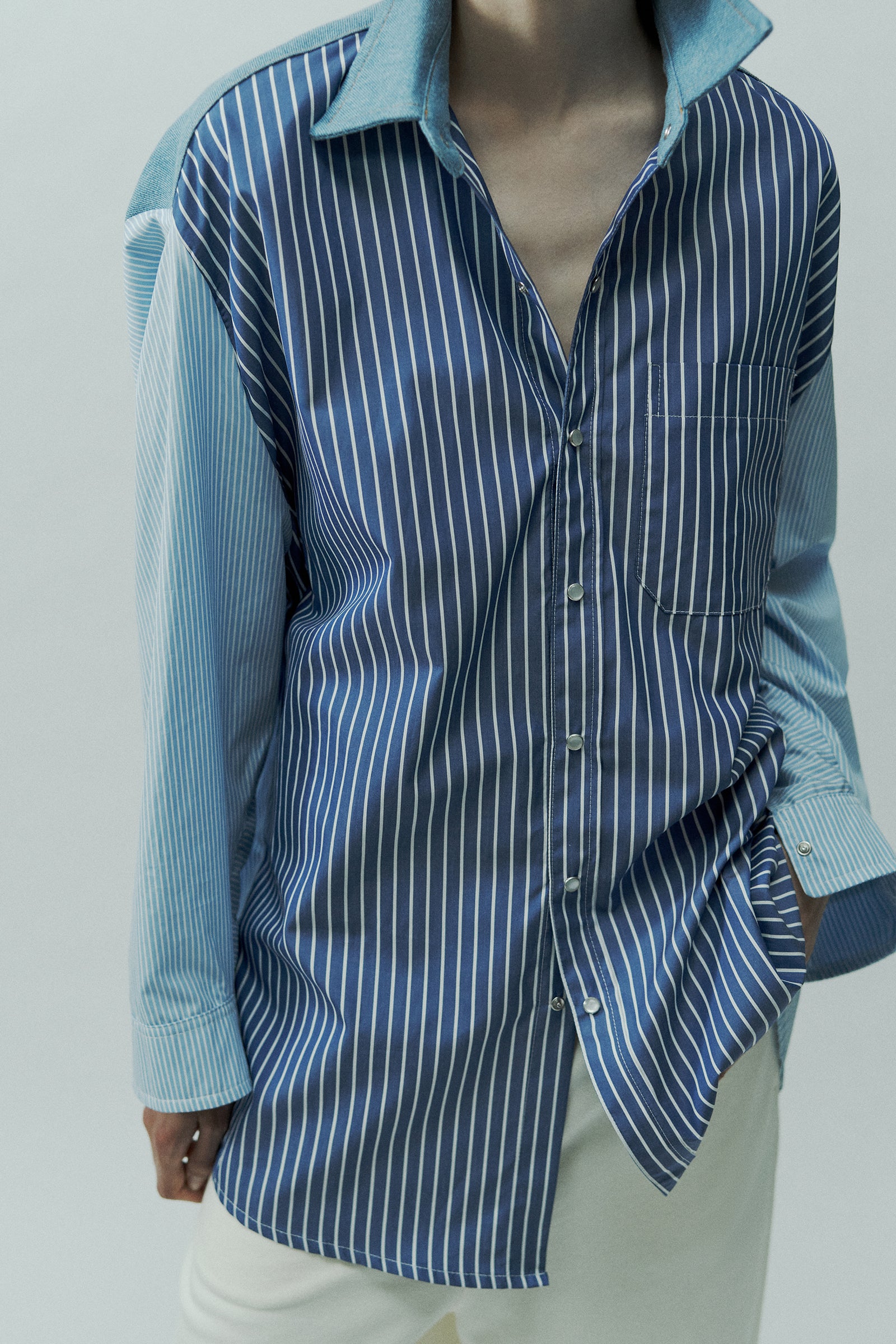 STRIPED POPLIN DENIM MAXI SHIRT