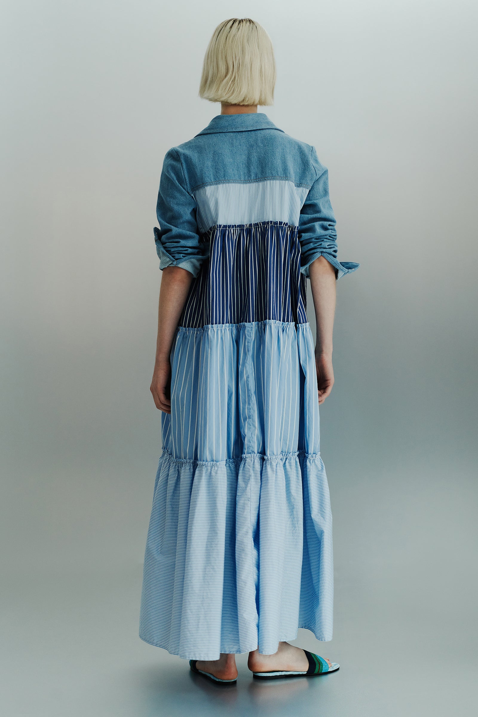 MAXI DRESS FLOUNCES DENIM POPLIN