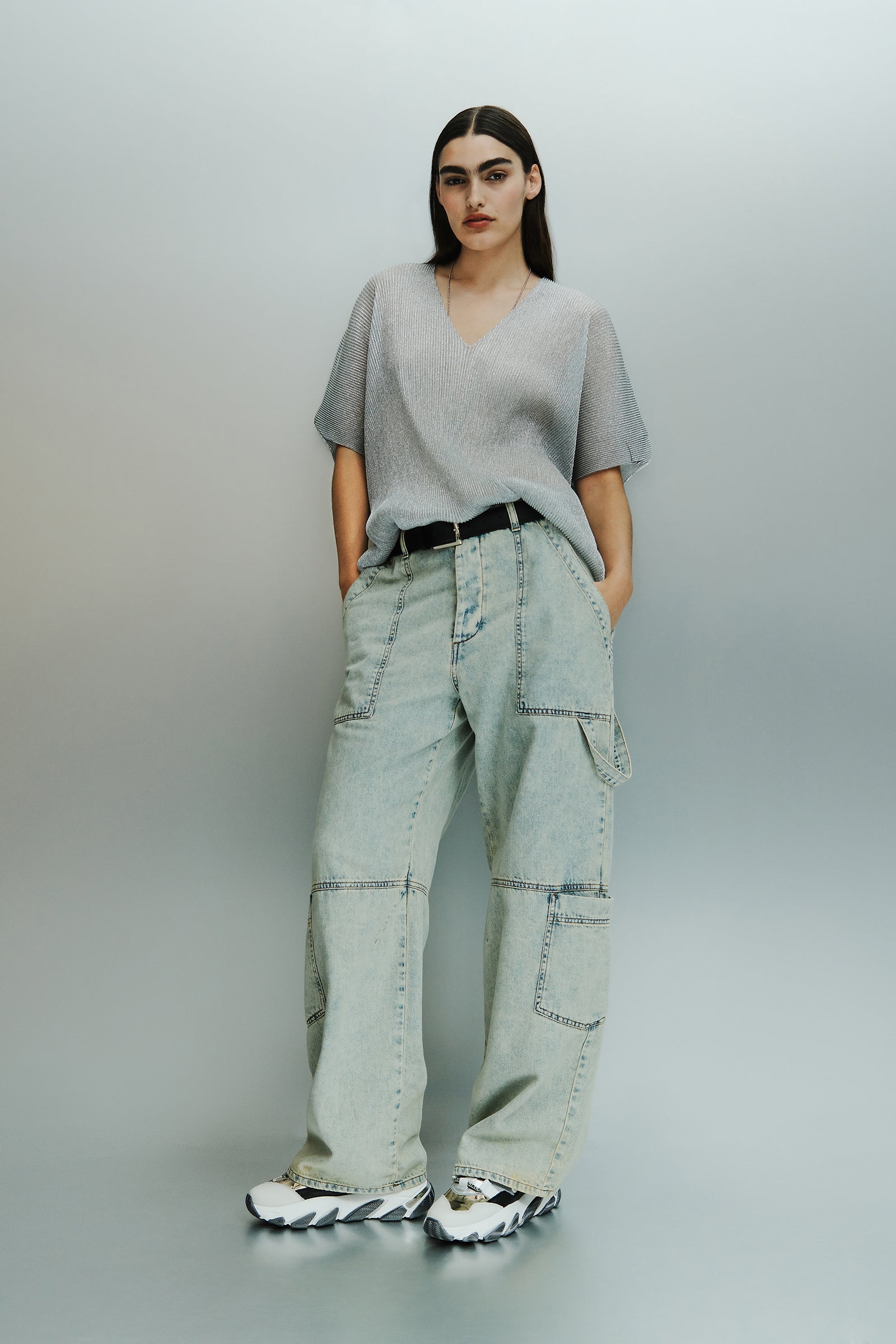 FIVE POCKET RHINESTONE MESH CARGO JEANS