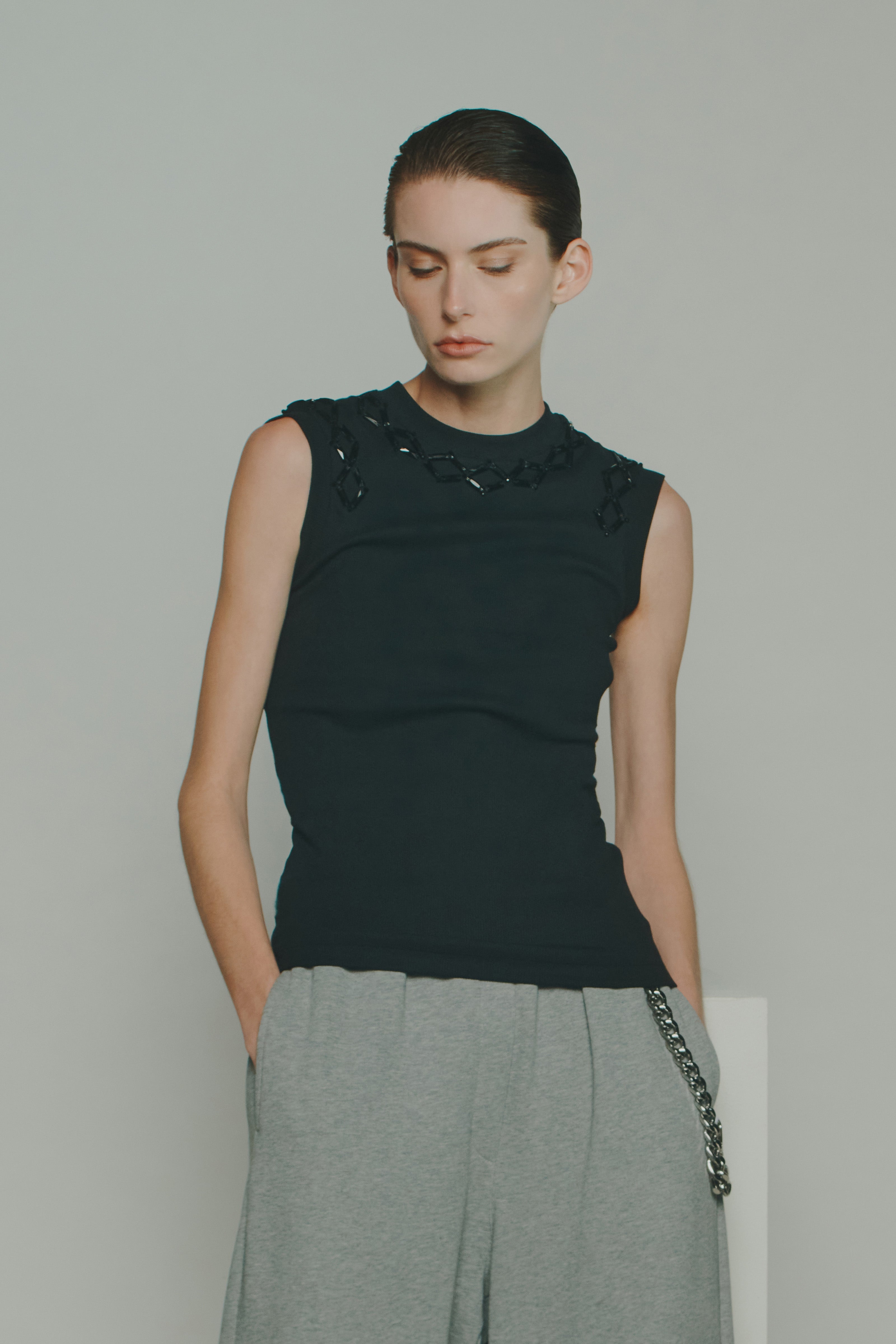 EMBROIDERED SEQUIN RIBBED TOP