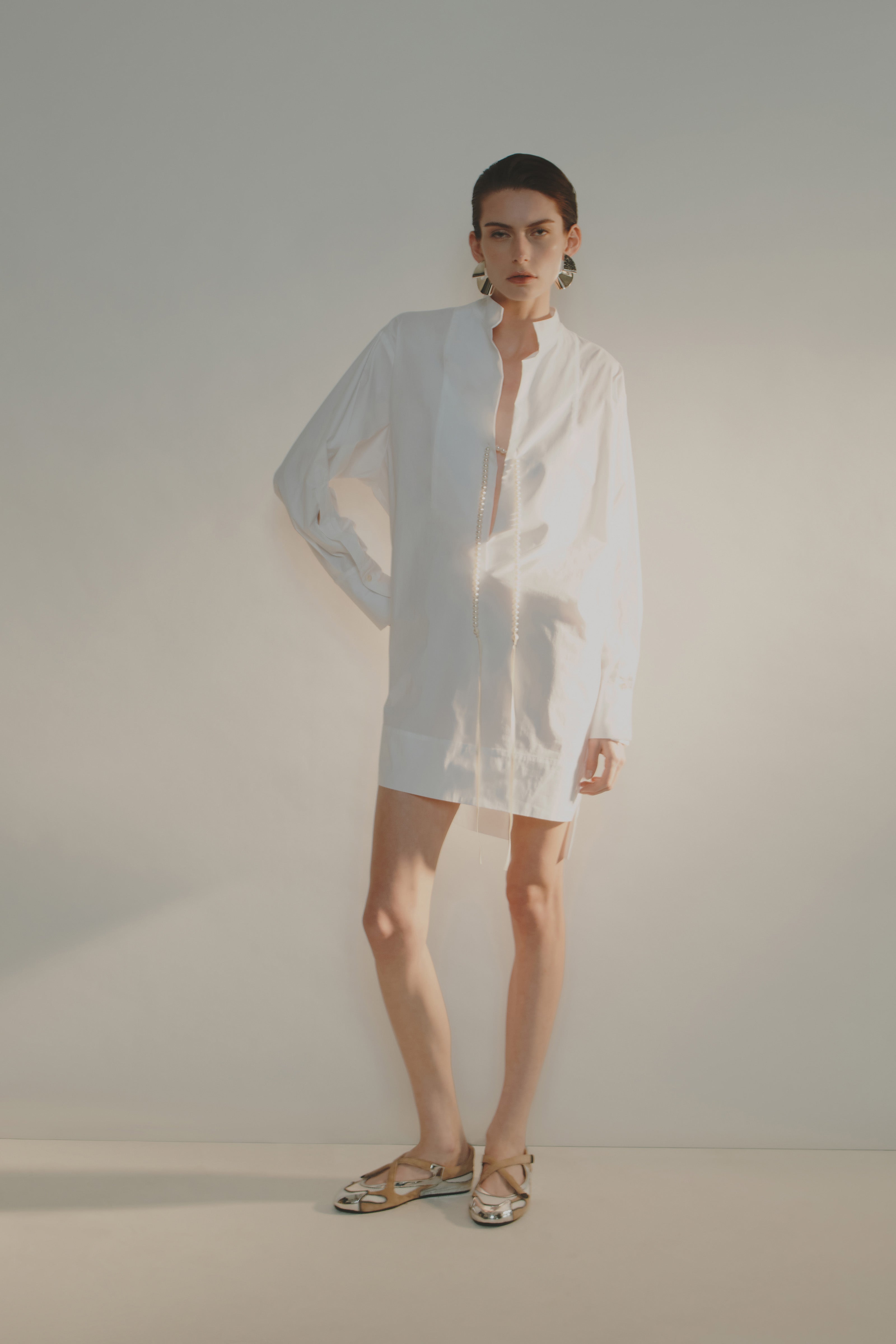 POPLIN SHIRT DRESS WITH PEARLS