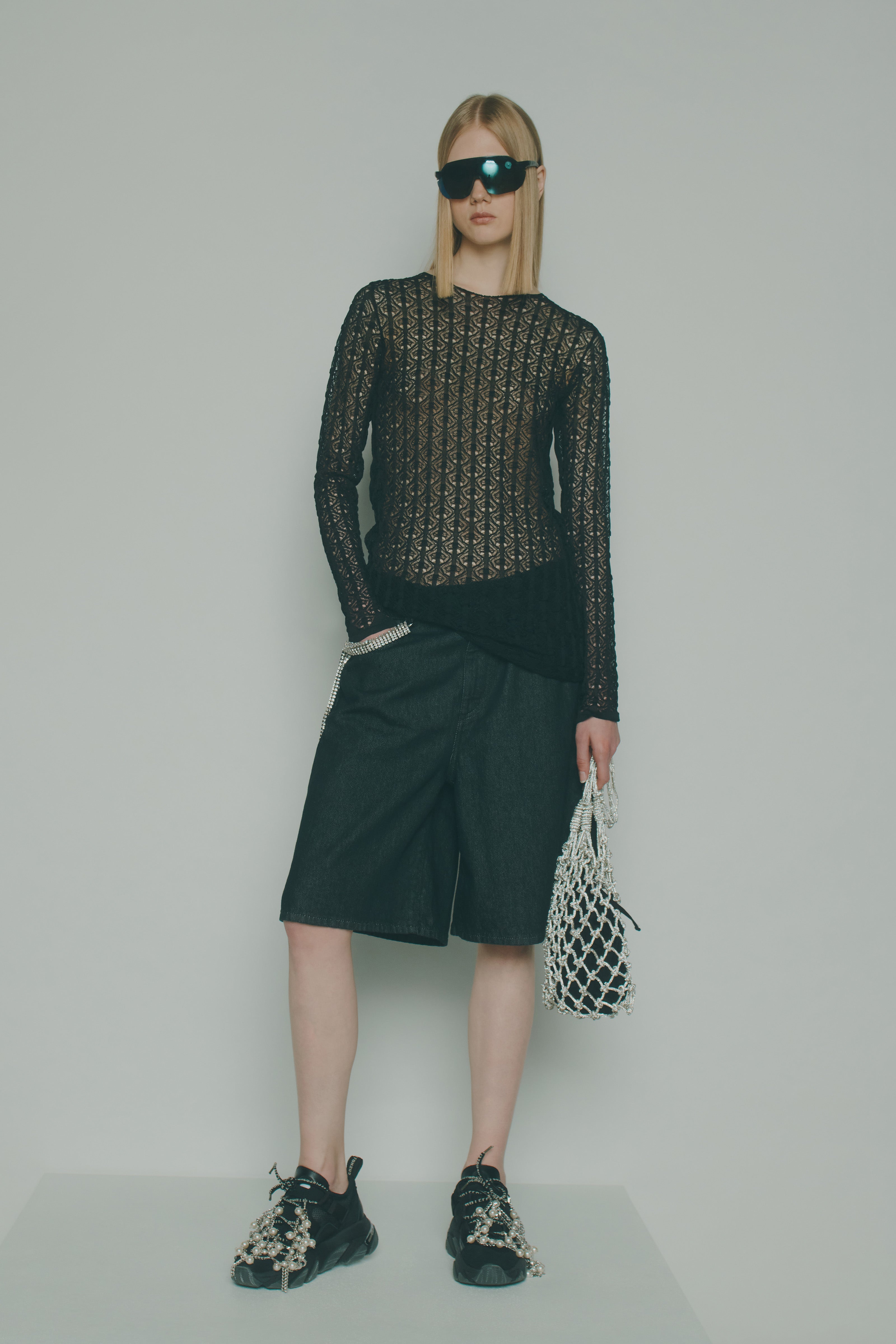 DENIM ORGANZA STRASS BERMUDA SHORTS