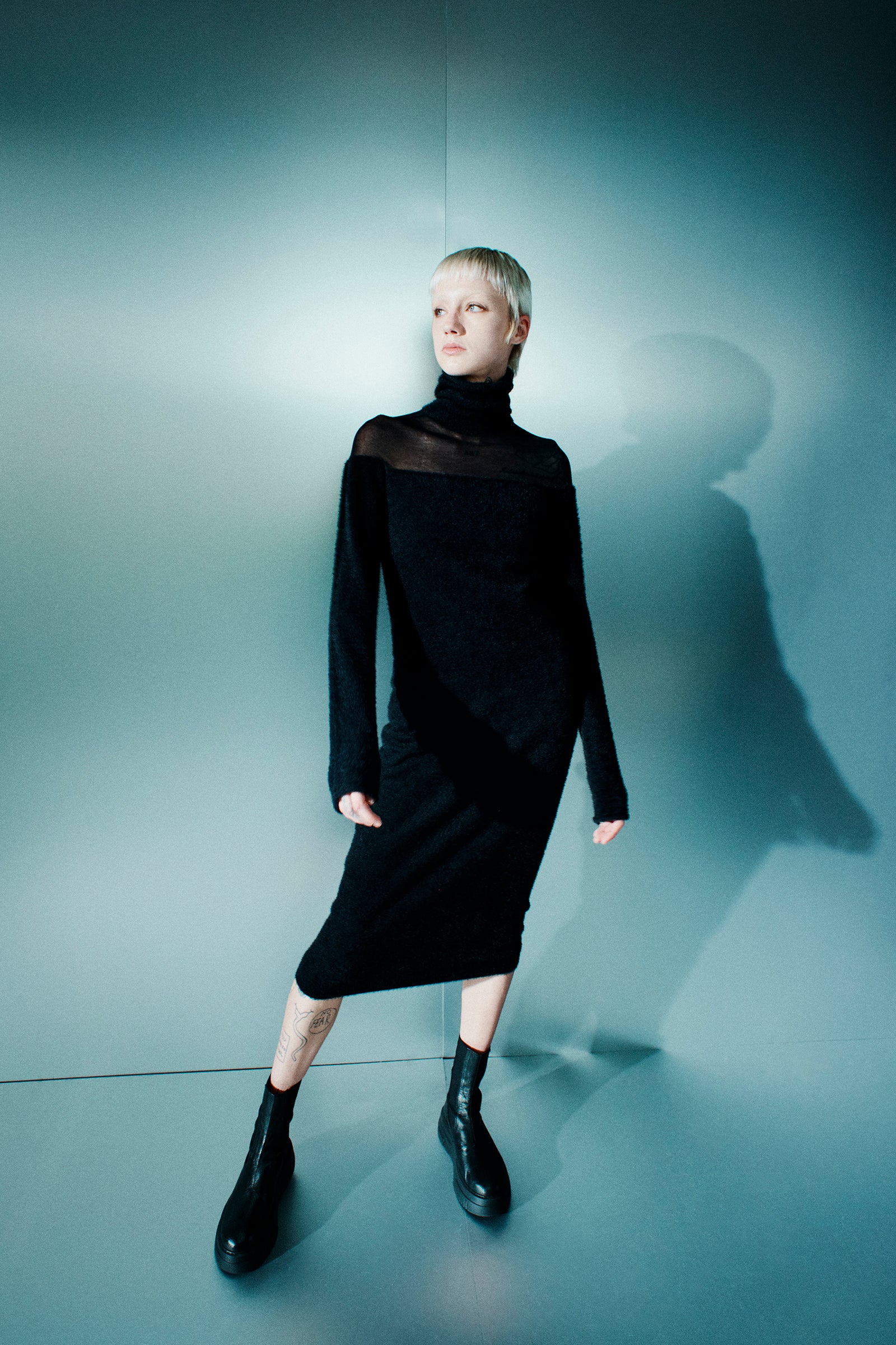 TURTLENECK DRESS WITH TRANSPARENT YOKE