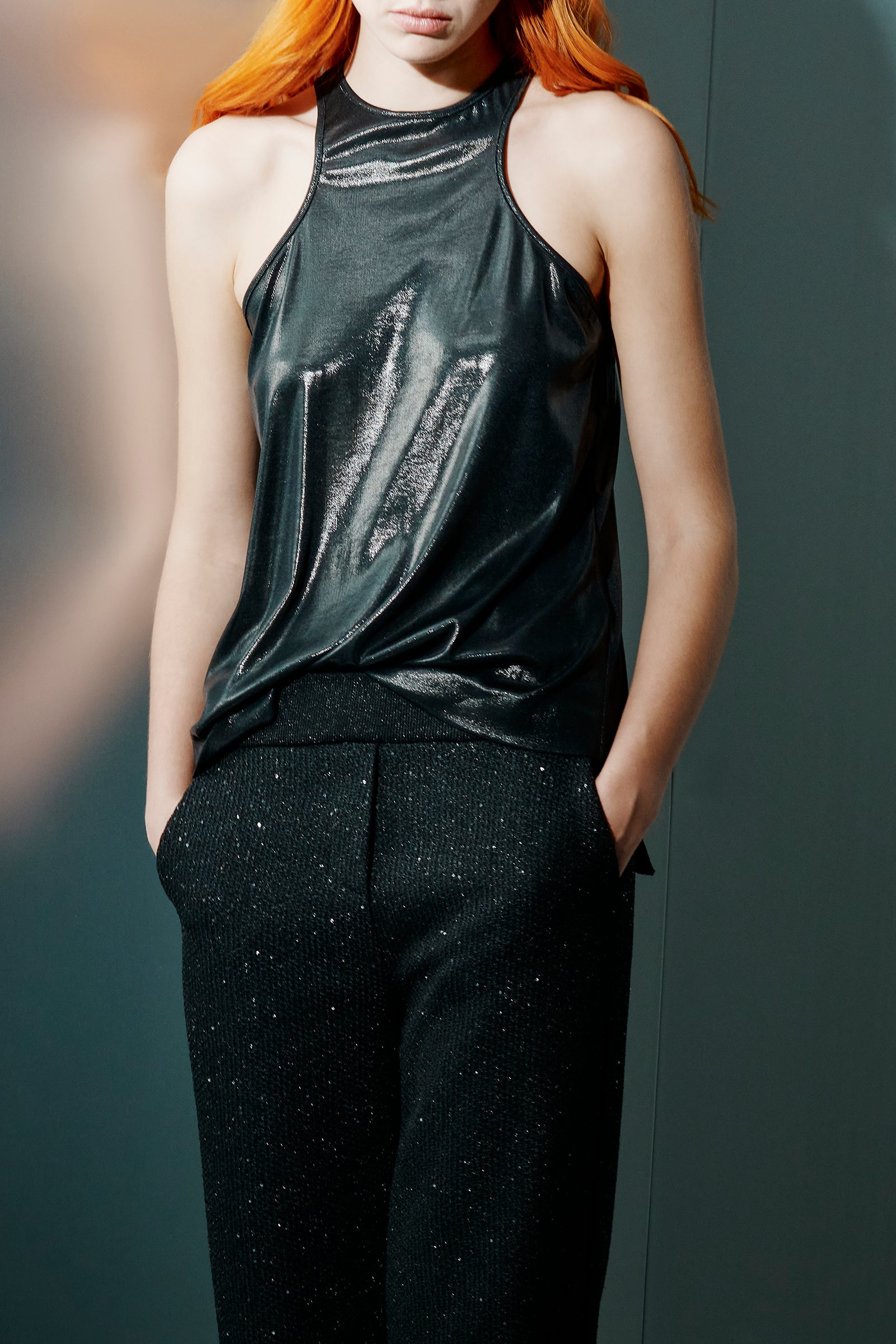 SHINY JERSEY HALTER NECK TANK TOP